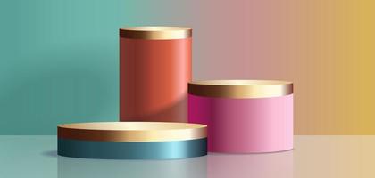 abstract 3d kamer met oranje, groente, roze, en goud realistisch cilinder podium. pastel kleur Aan de muur. vector renderen meetkundig het formulier. mockup Product Scherm. minimaal tafereel. stadium vitrine.