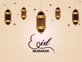 eid Mubarak feest wenskaart met vectorillustratie van gouden lantaarn en maan vector