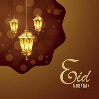 eid Mubarak feest wenskaart met vectorillustratie van gouden lantaarn en maan vector