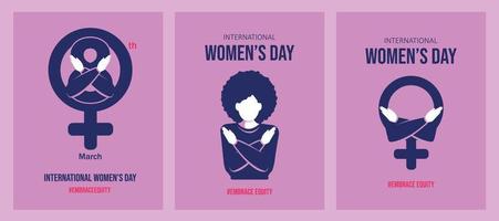 een reeks van spandoeken, ansichtkaarten, stickers in delicaat lila kleuren voor Internationale vrouwen dag. dag van knuffels, gelijkheid en gerechtigheid. geslacht gelijkwaardigheid. Dames en hun rechten. vector