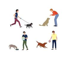 aantal mensen met honden. hond en persoon. dagopvang van honden - voeren, wandelen, spelen met puppy. vector