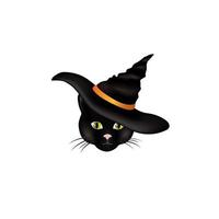 kat in een heksenhoed. zwarte kat camera in halloween outfit kijken. grappige vakantie dierlijk beeldverhaal in zwarte hoed voor wenskaart vector