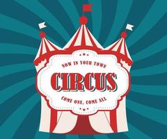 circus poster. wereld circus dag. beeld van een wijnoogst circus tent met een groot opschrift circus Aan een donker blauw achtergrond met divergerend stralen. vector illustratie eps10