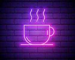 koffie, cappuccino, drink neon pictogram. eenvoudige dunne lijn, overzichtsvector van voedselpictogrammen voor ui en ux, website of mobiele applicatie op donkere bakstenen muur vector