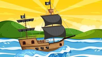 oceaan met piratenschip in de scène van de zonsondergangtijd in cartoonstijl vector