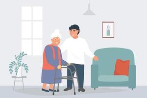 een Mens, een verpleegster helpt een oud vrouw met een wandelaar wandelen naar de stoel in de kamer met de venster en de planten. een vrijwilliger duurt zorg van een gepensioneerde. vector grafiek.