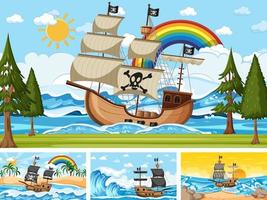 set oceaanscènes op verschillende tijdstippen met piratenschip in cartoon-stijl vector