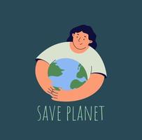 vrouw knuffels aarde met zorg. milieu bescherming, duurzaamheid concept. eco vriendelijk. nul afval. vlak vector illustratie