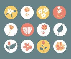 bloemen pictogrammen verzameling voor sociaal media ontwerp. ronde bloem sticker set. modieus geïsoleerd vector illustraties. modern bloemen stickers voor web, app en merk ontwerp.