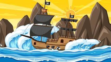 oceaan met piratenschip in de scène van de zonsondergangtijd in cartoonstijl vector