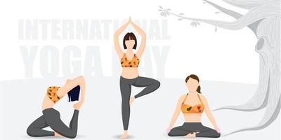 groep meisjes die yoga beoefenen op internationale yogadag vector