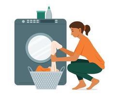 vrouw wast de kleren met wasmachine. vector