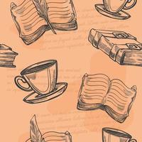 wijnoogst boeken en kop van koffie of thee, patroon vector