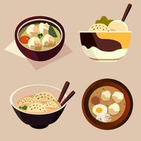 een tekenfilm van vier bakso voedsel traditioneel Indonesisch voedsel vector