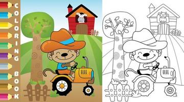 kleur bladzijde of boek van grappig aap het rijden trekker in boerderij tuin, landbouw elementen, vector tekenfilm illustratie