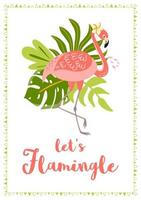 laten we gevlamd tekst voor flamingo partij uitnodiging. zomer strand partij sjabloon. schattig roze flamingo met tropisch bladeren. tropisch kaart, banier, poster. schattig zomer citaat. vector illustratie.