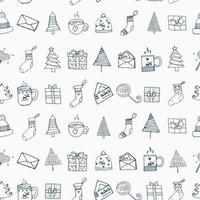 Kerstmis naadloos patroon met nieuw jaar pictogrammen in groente. Kerstmis symbolen van Spar bomen, kopjes, brieven, hoeden, cadeaus en snoepgoed in eindeloos afdrukken vector