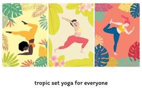 vector illustratie reeks met gelukkig een te groot vrouw in yoga positie Aan tropisch exotisch achtergrond. sport- en Gezondheid lichaam positief concept voor ansichtkaart, yoga klassen t-shirt actief levensstijl