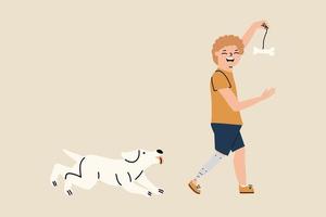 een jongen met een prothetisch been Toneelstukken met zijn hond. vector illustratie in hand- getrokken stijl