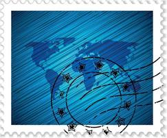 blauw port postzegel met kaart van de wereld vector