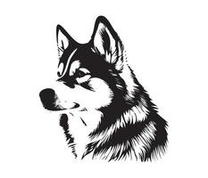 Alaska malamute gezicht, silhouetten hond gezicht, zwart en wit Alaska malamute vector