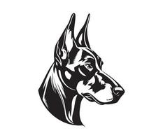 doberman gezicht, silhouet hond gezicht, zwart en wit doberman vector