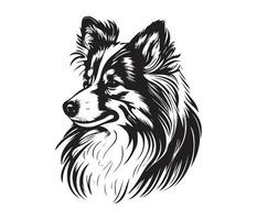 shetland herdershond gezicht, silhouet hond gezicht, zwart en wit shetland herdershond vector