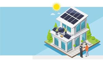 zonne- dak top installateur team onderhoud installatie concept achtergrond met links tekst ruimte zonne- cel Aan dak van modern huis in groen natuur ecologie levensstijl uit deur geïsoleerd illustratie tekenfilm vector