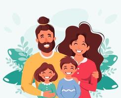 gelukkig gezin met zoon en dochter. ouders knuffelen kinderen. vector illustratie