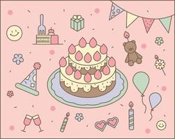 taarten en decoraties voor verjaardagsfeestjes. overzicht eenvoudige vectorillustratie. vector