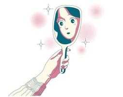 een meisje kijkt naar haar gezicht in de spiegel. hand getrokken stijl vector ontwerp illustraties.