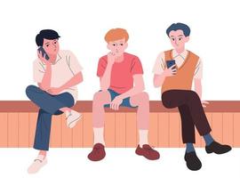 de mannen zitten op de bank en kijken naar hun mobiele telefoons. hand getrokken stijl vector ontwerp illustraties.