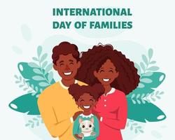 zwarte en gelukkige familie met dochter en kat. internationale dag van gezinnen. vector illustratie