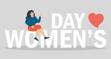 gelukkig vrouw zit Aan een groot tekst en zegt Hallo. jong vrouw staat met Dames en viert Internationale vrouwen dag Aan 8 maart. vrouw ondersteunt feministisch beweging. vrouwen empowerment concept. vector