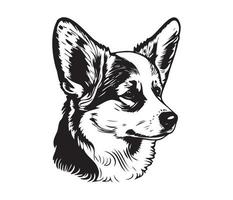 pembroke welsh corgi gezicht, silhouet hond gezicht, zwart en wit pembroke welsh corgi vector