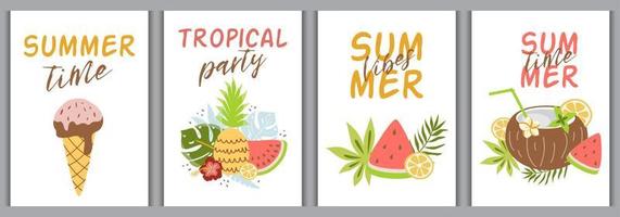 zomer kaart set, tropisch zomer fruit elementen met citaten, watermeloen, ijs room, ananas kokosnoot cocktail. helder groet kaarten, plakboek poster Hoes label partij uitnodiging. vector illustratie.