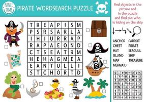 vector piraat woord zoeken puzzel voor kinderen. gemakkelijk schat eiland woord zoeken quiz voor kinderen. zee avonturen leerzaam werkzaamheid met schip, papegaai, kaart, borst. schat jacht kruis woord