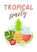 tropisch partij banier met ananas, watermeloen, citroen, keerkring bladeren. schattig strand samenstelling zomer partij poster. tekst voor strand partij poster zomer paradijs vakantie toevlucht. vector illustratie.