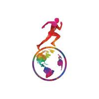 rennen Mens vector logo ontwerp sjabloon. rennen Mens met wereldbol illustratie.