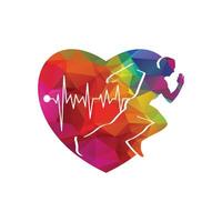 Mens snel rennen vorm en hart met kardiogram vector logo sjabloon