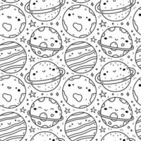 schattig naadloos patroon met kawaii planeten en sterren Aan wit achtergrond. vector hand getekend illustratie in tekening stijl. perfect voor afdrukken, decoraties, omhulsel papier, behang.