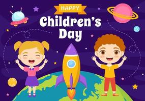 gelukkig kinderen dag vector illustratie met jongen en meisje kinderen in speelgoed Aan achtergrond vlak tekenfilm hand- getrokken voor web banier of landen bladzijde Sjablonen