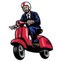 Mens in zwart pak rijden wijnoogst scooter vector