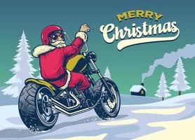 wijnoogst stijl hand- getrokken van de kerstman claus rijden bijl motorfiets vector