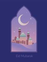 Ramadan vector illustratie. Islamitisch groet kaart, uitnodiging, poster, spandoek. moskee, Arabisch stad in woestijn en maan achtergrond met kader