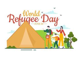 wereld vluchteling dag Aan 20 juni vector illustratie met immigratie familie en hun kinderen wandelen zoeken huis in hand- getrokken draad hek Sjablonen