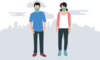 een jongen en een meisje zijn vervelend maskers naar beschermen zich van lucht vervuiling. vector