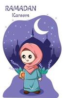 klein gelukkig meisje met boek bij ramadan kareem cartoon afbeelding vector