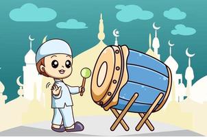 moslimjongen met trommel bij moskee bij ramadan kareem cartoon afbeelding vector
