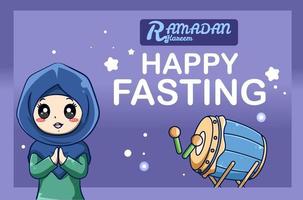 moslimmeisje groeten gelukkig vasten bij ramadan kareem cartoon afbeelding vector